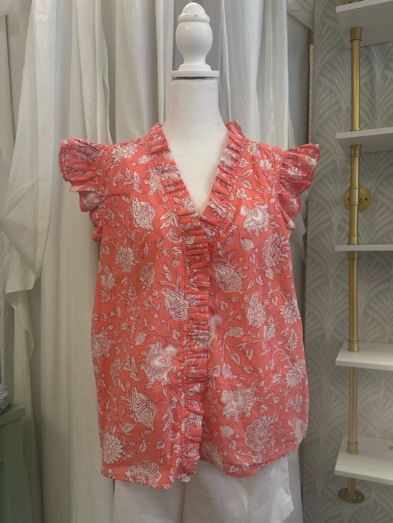 J. Crew Tops - J. Crew Coral-Pink Floral Ruffle V-Neck Blouse